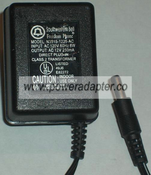 SOUTHWESTERN BELL N3515-1225-AC ADAPTER 12VDC 250MA POWER SUPPLY - Click Image to Close